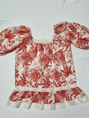 NICOLE MILLER ARTELIER PEASANT BOHO TOP, SIZE SMALL, TERRA COTTA COLOR LEAVES